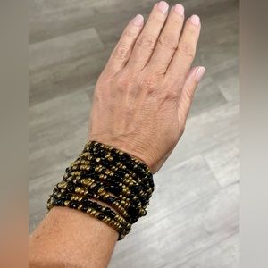 Handmade in Bali - Multi-strand beaded cuff bracelet - hand carved wood buckle.